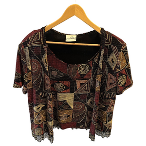 Joseph Ribkoff Beaded Open Cardigan + Tank Set Geometric Pattern Fringe Beads M